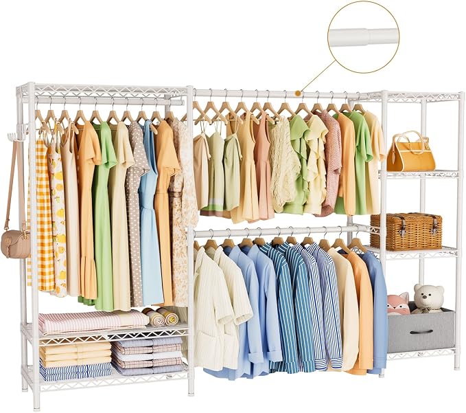 Golpart Heavy Duty Clothing Rack with Adjustable Shelves Clothes Wardrobe | Coat Rack Metal Closet Organizer and Storage Garment Rack for Hanging Clothes Wire Portable Cloth System Free Standing White