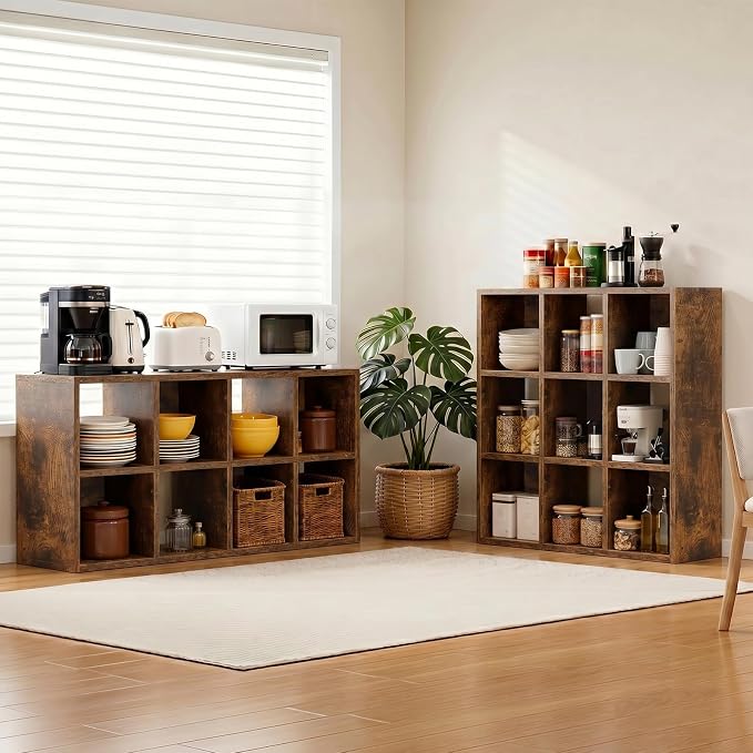 LUCKLIFE 9-Cube Storage Organizer, Stackable Modular Bookcase Shelf with Vertical or Horizontal Use, Fits 11×11" Bins, Optional Back Panels, for Living Room, Office, Vintage Brown