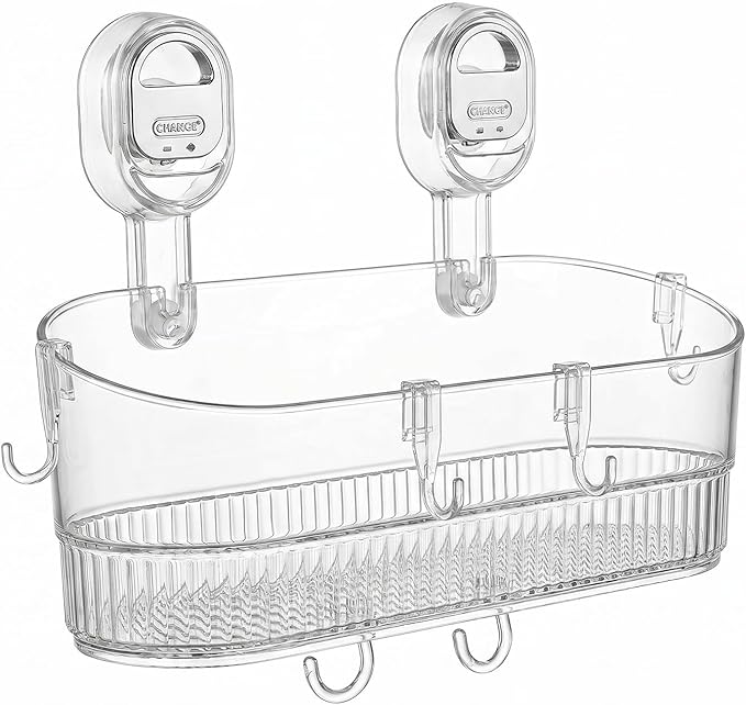 AVOKIHI Suction Cup Shower Caddy with 6 Hooks, No Drill Shower Shelf | Features 6 hanging hooks for loofahs and razors. Clear waterproof bathroom organizer. No drill traceless suction design.