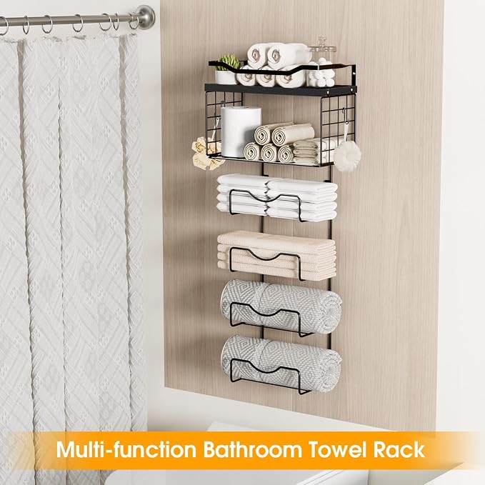 Towel Racks for Bathroom,Towel Rack Wall Mounted, 6 Tier Rolled Or Folded Towel Holder with Floating Shelves, Bathroom Towel Holder for Bath, Hand Towels,Metal and Wood,Full Black