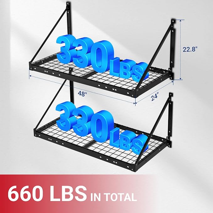 FLEXIMOUNTS 2-Pack 2x4 ft Garage Wall Shelving with 4 Hooks, Black | Brace guardrail, 660 lb capacity, Heavy-duty steel, Wall mounted storage, Garage organization, Pro Series