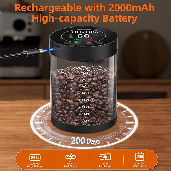 Electric Vacuum Coffee Canister, 1.3L Glass Airtight Food Storage Container | with Smart Pressure Sensor, Automatic Coffee Bean Container Rechargeable with LED Display Window for Kitchen Food Storage