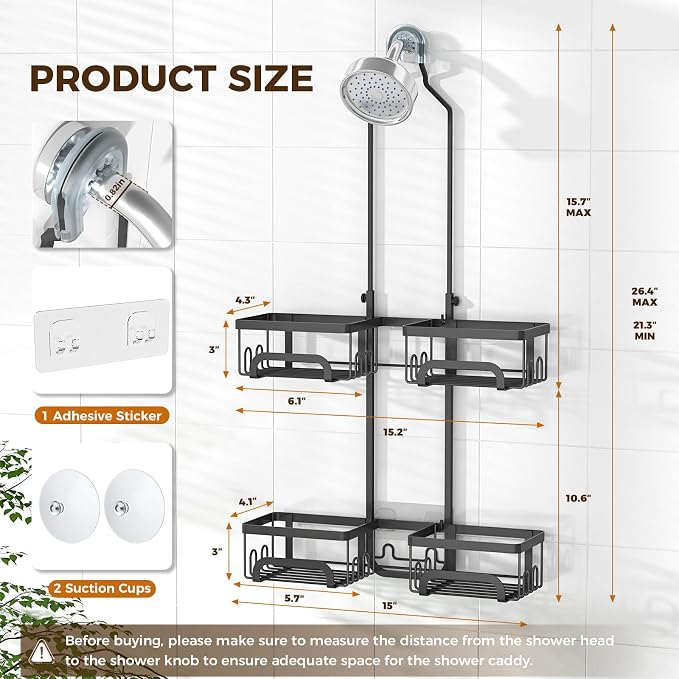 REINHARDT Split Shower Caddy Hanging for Handheld Showerheads, Black | Adjustable Shower Organizer, Rustproof, 16 Hooks, Soap Holder, 40lbs Capacity, Anti-Slip, Tool-Free, Bathroom Accessories