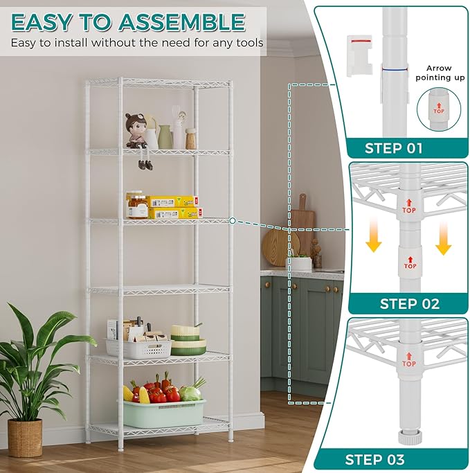 SINGAYE 6 Metal Shelves Wire Shelving Storage Shelf Adjustable Unit Pantry | 6 Tier Kitchen Laundry Room Organization Home Pantry Closet Bathroom Organizers Garage Rack 14" D x 24" W x 72" H White