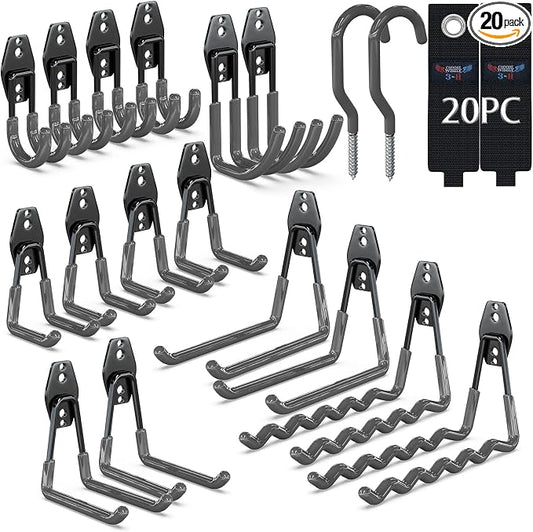 3-H Heavy Duty Garage Hooks, 20 Pack Wall Storage Organizer,Gray | Multi-Purpose Garage Hooks to Organize Garden Lawn Tools, Sports Gear, Ladders, Power Tools & Outdoor Hoses