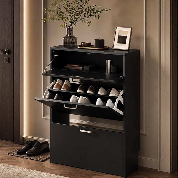 VINGLI Set of 2 Shoe Cabinets Storage for Entryway,2-Pack,Black | 16–24 Pairs,Skirting Board Cutout,Drop-Down Drawer,9.4"D Slim,Modern,2 Flip Drawers,Adjustable & Removable Shelf