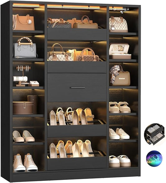 Besiost Shoe Cabinet with 12 Shelves & 5 Drawers, Wood Shoe Rack with Light | Holds Up to 30+ Pairs of Shoes, Vertical 40" W Shoe Storage Cabinet for Entryway, Hallway, Walk-In Closets, Black