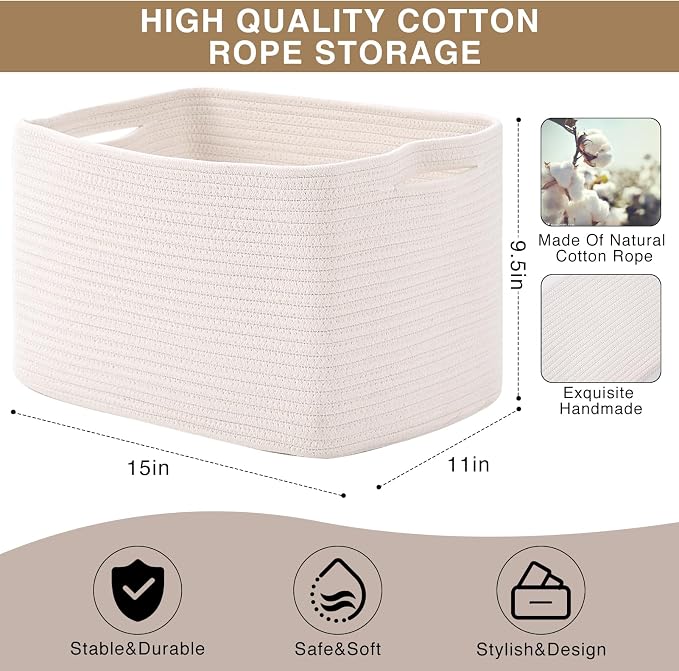 ICERZCZ Storage Baskets for Organizing Shelves, Woven Cotton Rope Bins for Baby Nursery Organization, Book Toy Towel Organizer, 15"x11"x9.5", 3 Packs, Off White