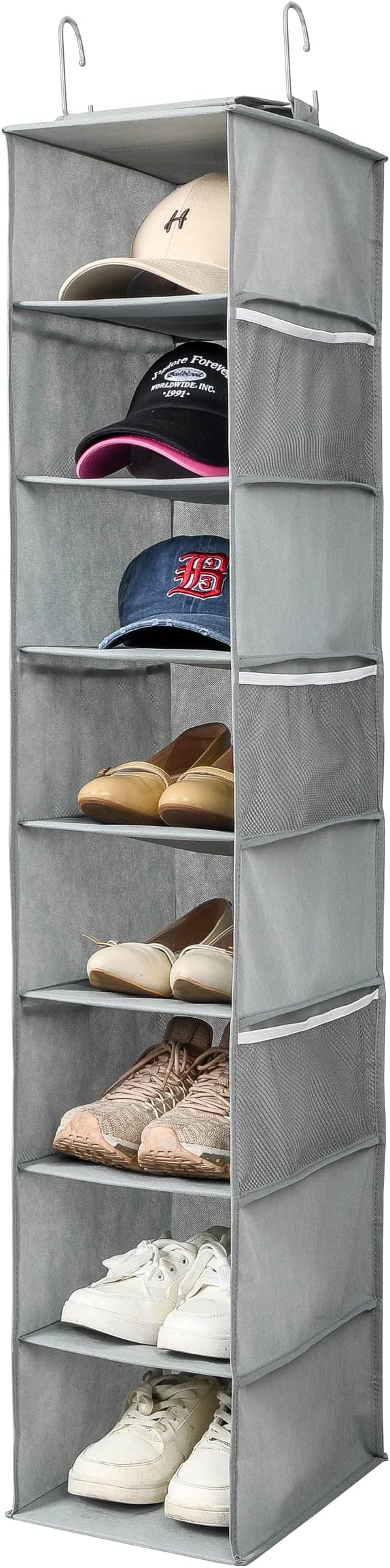 Berdeng Hanging Shoe Organizer for Closet with Side Mesh Pockets，Hat Racks for Baseball Caps，Shoe and Hat Holder & Storage，8-Shelf，Gray，1 Pack