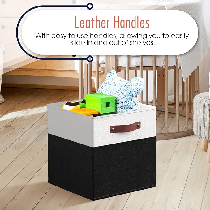 Ornavo Home 11x11 Foldable Fabric Storage Cube Bins, 6 Pack, White/Black | Collapsible Linen Shelf Basket Organizer; Leather Handles; Ideal Cube Storage For Closet