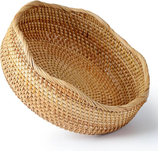 YANGQIHOME Rattan Bread Basket, Round Fruit Baskets, Wicker Storage Bowls, Natural Woven Serving Basket Bowls, Decorative Baskets for Kitchen Counter Organizing (Natural L)
