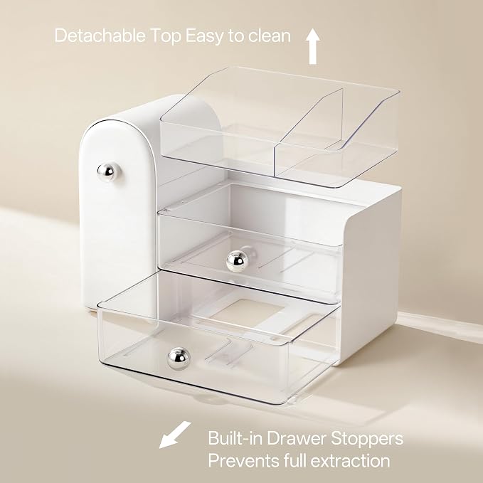 HBlife Makeup Organizer Countertop with Drawers, Vanity Organizers with Brush Holder, Bathroom Counter Organizer for Perfume, Nail Polishes, Lipsticks, Skincare and Eyeshadow Palettes, White Sliver