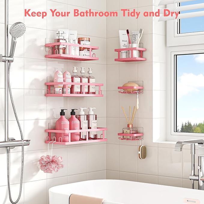 Youvip Pink Shower Caddy 6 Pack, Adhesive Shower Shelves | Pink Bathroom Decor, No Drilling, Rustproof, Large Capacity, 6 Adhesives, 24 Built-in Hooks, Dorm Apartment