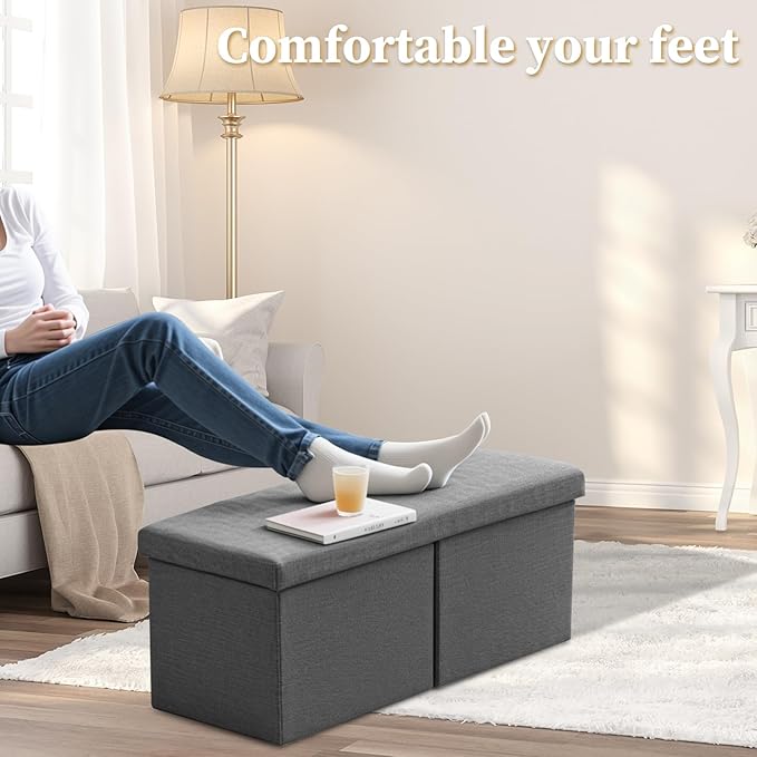 Bsketa Storage Ottoman Bench, 34" Folding Linen Foot Rest Stool, Dark Gray | Large Ottoman with Storage, Thicker Foam Padded Seat, Livingroom, Dorm, Bedroom, Easy to install, 86L,34 x 13 x 13in