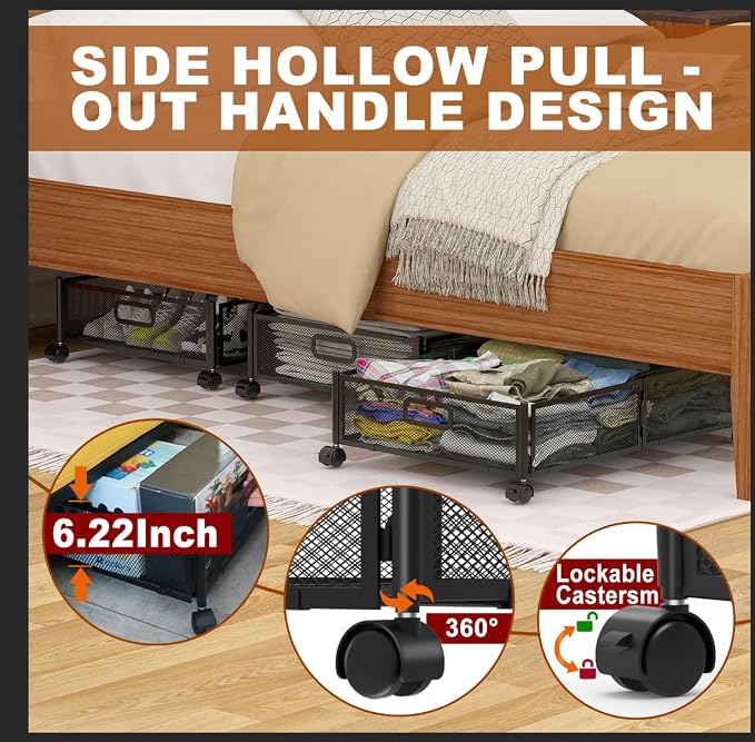 Under Bed Storage Containers,2 Pack Foldable Underbed Storage Containers with Handles and Wheels,Folding Bed Shoes Clothes Organizer,Easy Assembly Underbed Storage for Toy ,Bedding,Bedroom(Black)