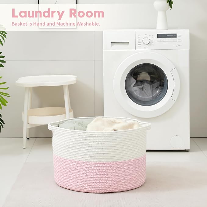 Foldable Laundry Hamper Basket with Collapsible Handle Cotton Rope Soft Woven Fabric Storage Organizer Clothes Toys Nursery Bedroom Dorm Space Saving Bin (White & Pink, 80L(21.7"D x 13.8"H))