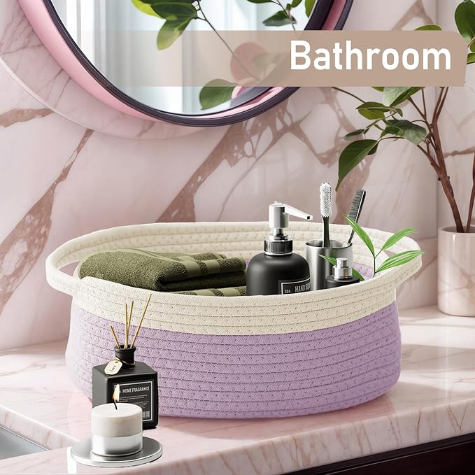 JMvicyroam Small Woven Basket, Empty Gift Basket, White&Purple/3 Pack | Small Gift Basket, Cotton Rope, 12 x 8 x 56 in, Handles, Includes Ribbon and Bag, Birthday Gift Basket