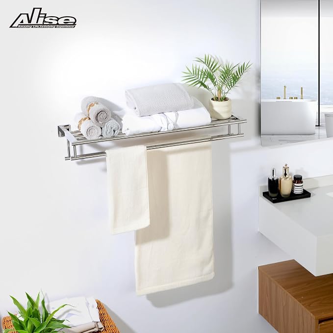 Alise 28 Inch Double Towel Rack for Bathroom Wall Mounted,Polished Chrome | Bathroom Tower Holder Towel Shelf with Double Towel Bars,SUS304 Stainless Steel Towel Rack with Shelf