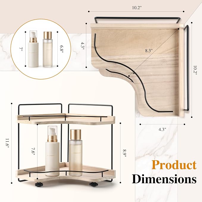 2-Tier Bathroom Counter Organizer, Solid Wood Corner Shelf for Vanity Countertop, Skincare & Makeup Storage Organizer with Metal Frame, Kitchen Counter Storage, Light Brown