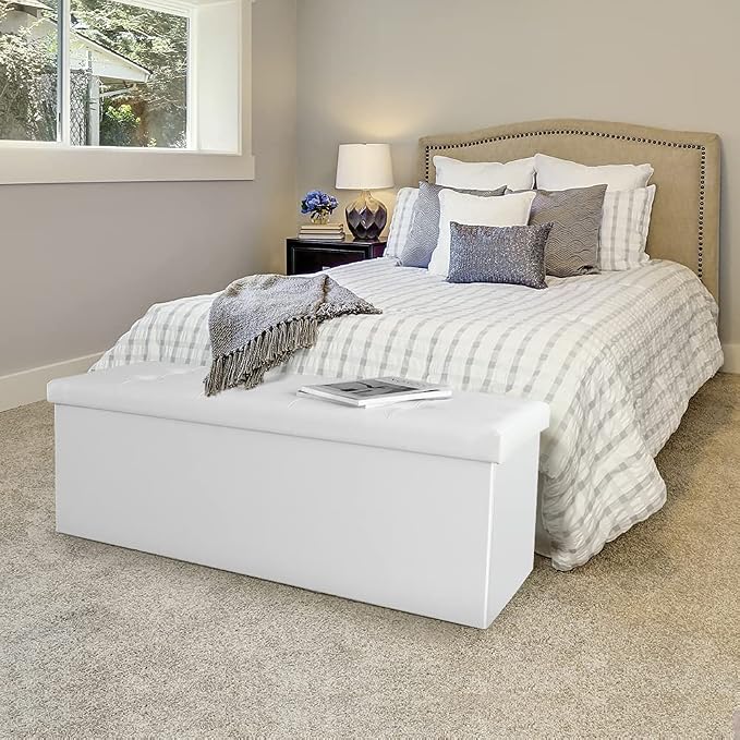 Camabel 43 Inch Folding Storage Ottoman Bench 120L Hold up 700lbs Ottoman with Storage Chest Foam Seat Padded Foot Rest Stool Faux Leather Bedroom Bench Coffee Table White