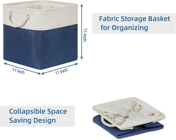 Temary Fabric Storage Cubes 11x11 Cube Storage Bins 4Pack Blue Basket for Organizing Home, Closet, Empty Gift Baskets with Handles (White&Blue)