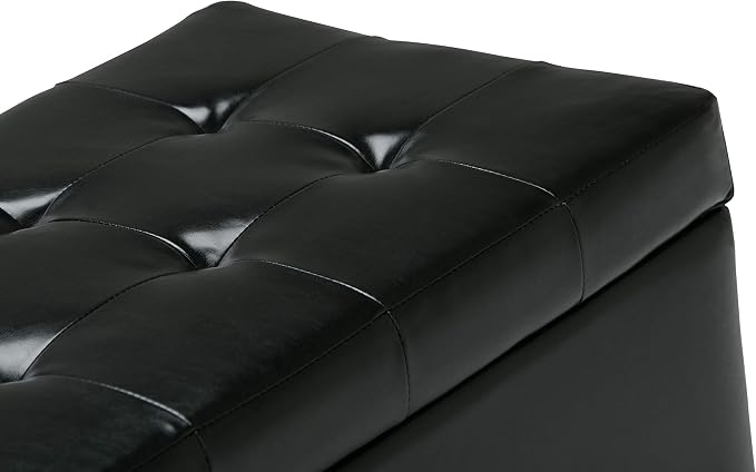 SIMPLIHOME Dover 36" Wide Vegan Leather Storage Ottoman in Distressed Brown | Midnight black, transitional storage ottoman with tufting and lift-up lid; rectangle storage bench for living room.