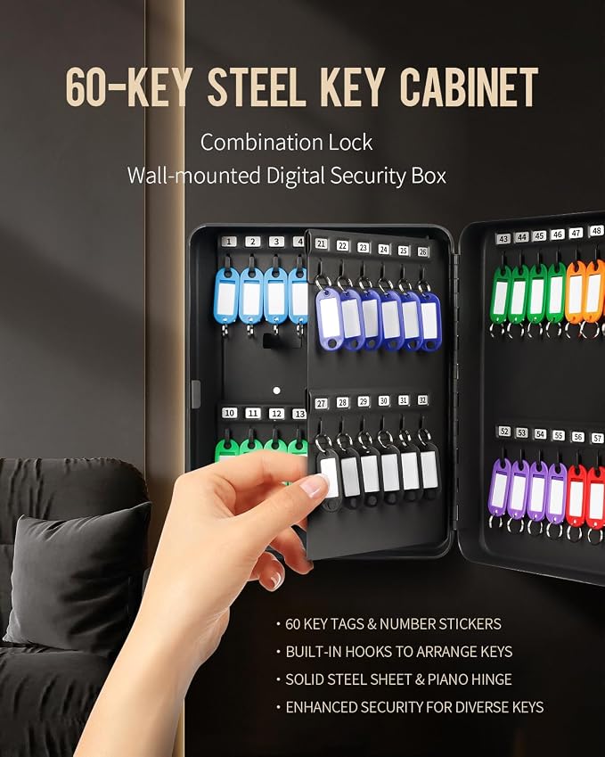 Uniclife 60 Position Key Cabinet with Combination Lock Resettable Black Digital Security Storage Box Steel Key Organizer with Colorful Key Tag Labels Stickers and Hooks
