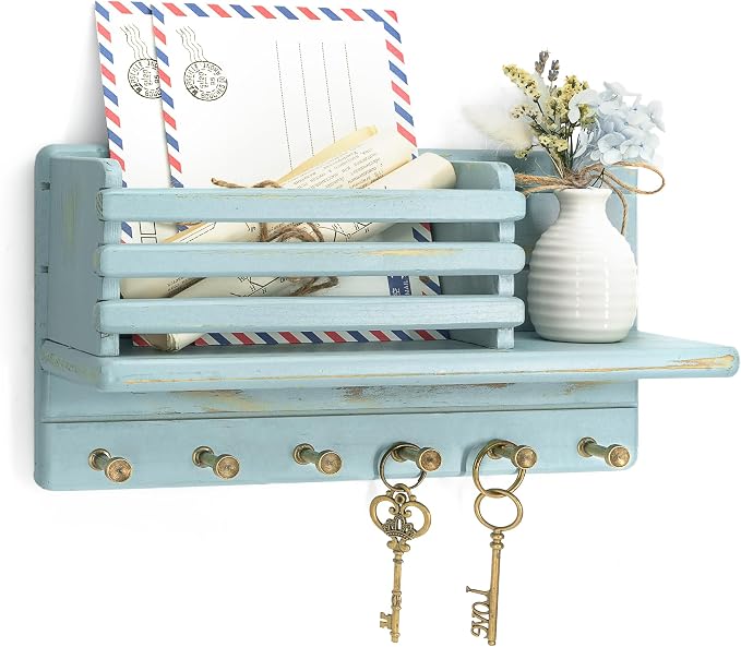 Rebee Vision Key Holder Wall Mount with Mail Slot for Home Decor, Blue | Pine Wood, Key Holder for Wall, 8 Key Hooks, Mail Organizer, Paper Storage, Wall Organizer, key Hanger Apartment Aesthetic