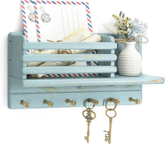Rebee Vision Key Holder Wall Mount with Mail Slot for Home Decor, Blue | Pine Wood, Key Holder for Wall, 8 Key Hooks, Mail Organizer, Paper Storage, Wall Organizer, key Hanger Apartment Aesthetic