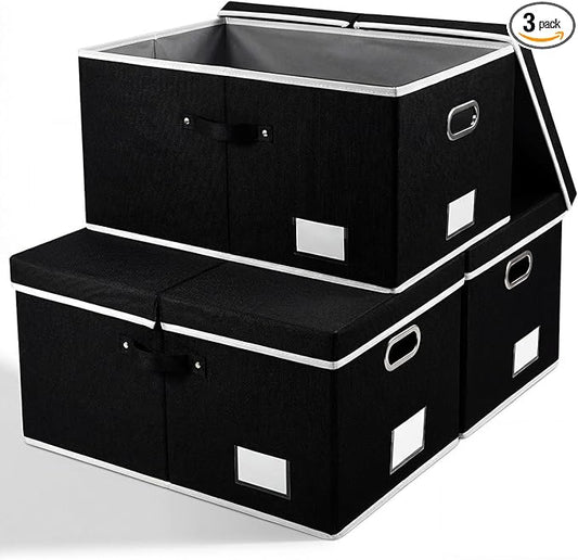 PRANDOM Storage Boxes with Lids [3-Pack] Fabric Collapsible Storage Bins Organizer Containers Baskets Cube with Cover for Home Bedroom Closet Office Nursery Black（23.4X15.9X11.5