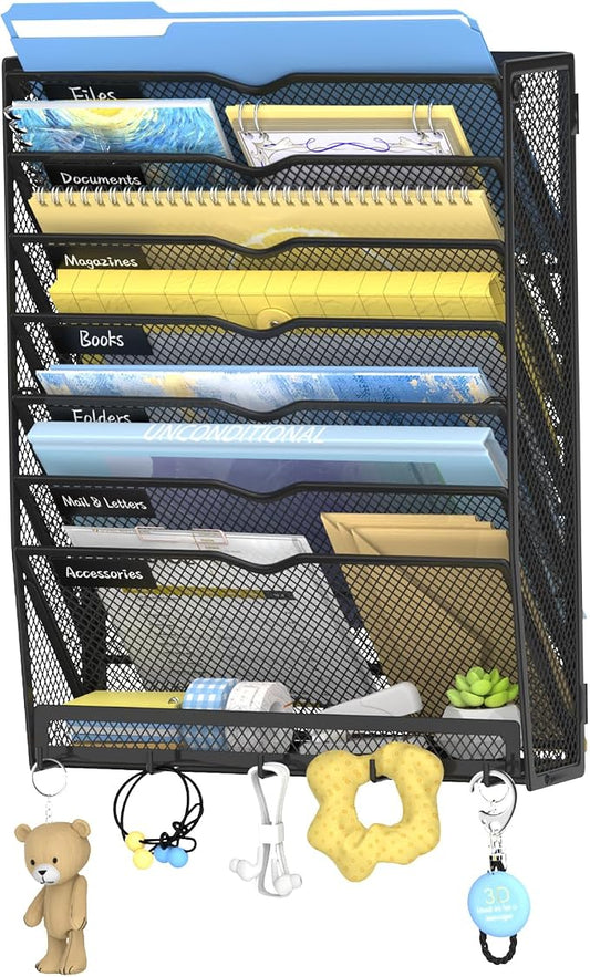 8-Tier Wall File Organizer with Hooks, Hanging File Organizer | Metal Mesh Mail Organizer, Wall Mounted File Organizer for Home, Classroom, Office Organization