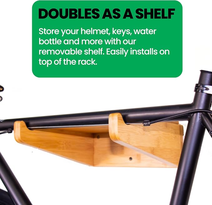 COR Bamboo Bike Wall Mount Rack w/Shelf, Indoor Bicycle Storage | Silicone-Padded Hooks, Holds 40lbs, Fits Oval Frames, Doubles as Shelf, Sustainable Bamboo, Stud-Mount Hardware Included