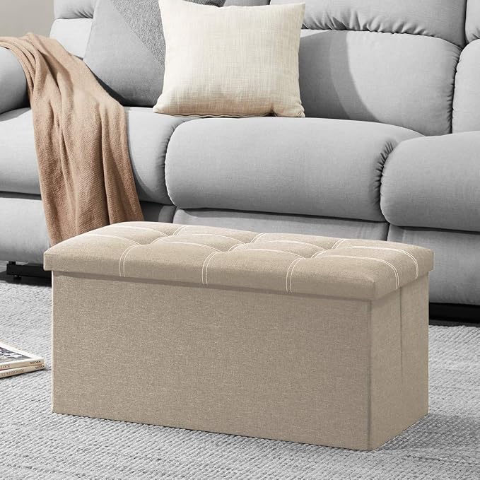 YOUDENOVA 30" Linen Ottoman with Storage, Folding Bench, Beige | Foldable linen ottoman with hidden storage, padded seat and sturdy frame for living room or bedroom.