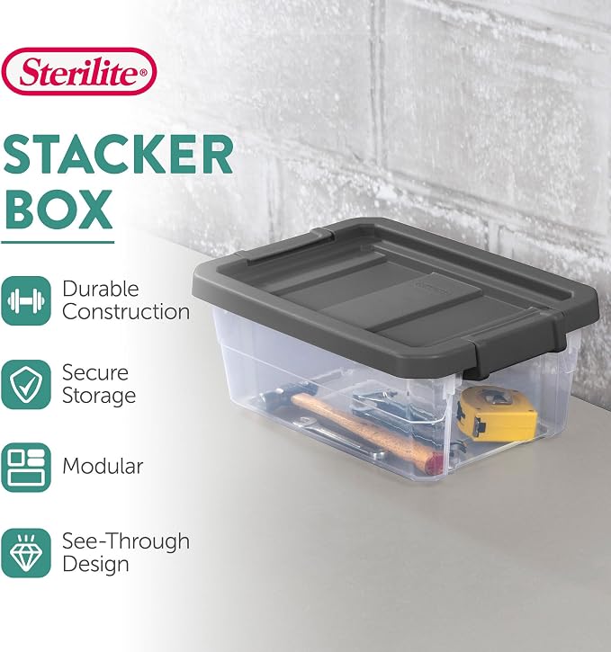 Sterilite Modular Stacker Box with Latching Lid, 16 Quart, 12-Pack | Clear Plastic Storage Bins - Stackable Organizing Container Boxes for Closet, Bathroom, and Office