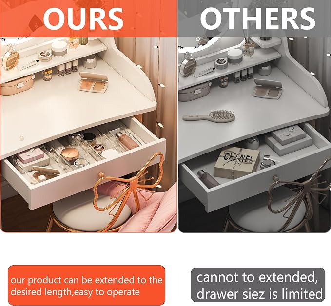 REBECAT 4 Pcs Expandable Clear Drawer Organizers, Adjustable Drawer Organizer Bins with Dividers, makeup organizer for drawer, drawer organizer bathroom for Vanity, Junk Drawer & Office