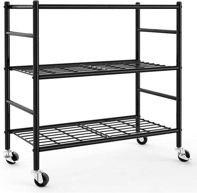 Sakugi 3-Tier Storage Shelves 33.1" x12.6" x32.5" Black with Wheels | Kitchen, Closet, Pantry, Garage, Heavy Duty, Adjustable Feet, Metal Construction