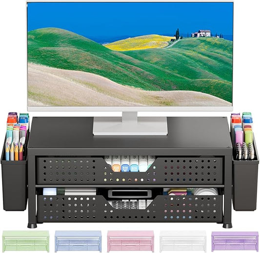 Desk Organizers and Accessories, Computer Monitor Stand Riser with Drawer and 2 Pen Holders, Printer & Laptop Stand, Office Desk Accessories & Workspace Organizers for Home Office Supplies, Black Double-Drawer