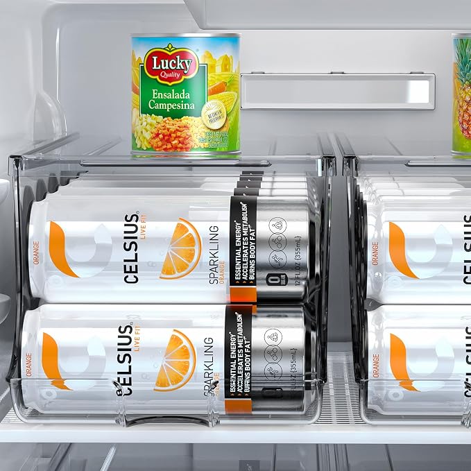 SCAVATA 4 Pack Skinny Can Organizer for Refrigerator, Stackable Tall Skinny Soda Pop Can Holder Dispenser with Lid for Fridge Pantry Rack Freezer, Clear Plastic Storage Bins-Holds 12 Slim Cans Each