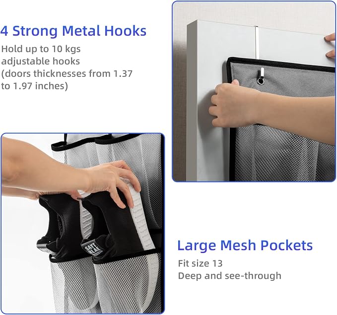 KEEPJOY 2 Pack Grey14 Pockets Over the Door Shoe Organizer, Hanging Shoe Organizer with 4 Hooks Door Shoe Holder with Mesh Deep Pockets Closet Door Shoe Storage Bag (Grey-2Pack)