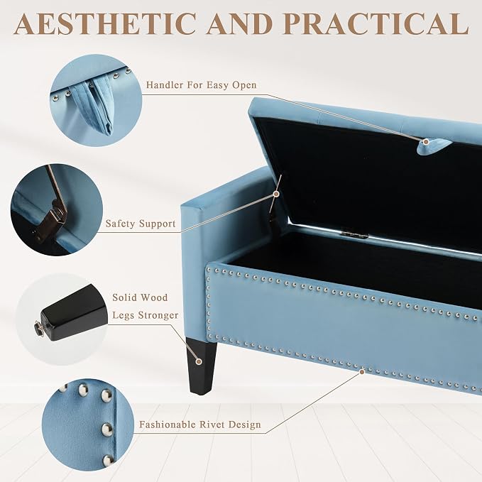 Velvet Storage Ottoman Bench, 46'' Upholstered Button Tufted End of Bed Bench, Modern Entryway Ottoman Bench with Arms, Light Blue