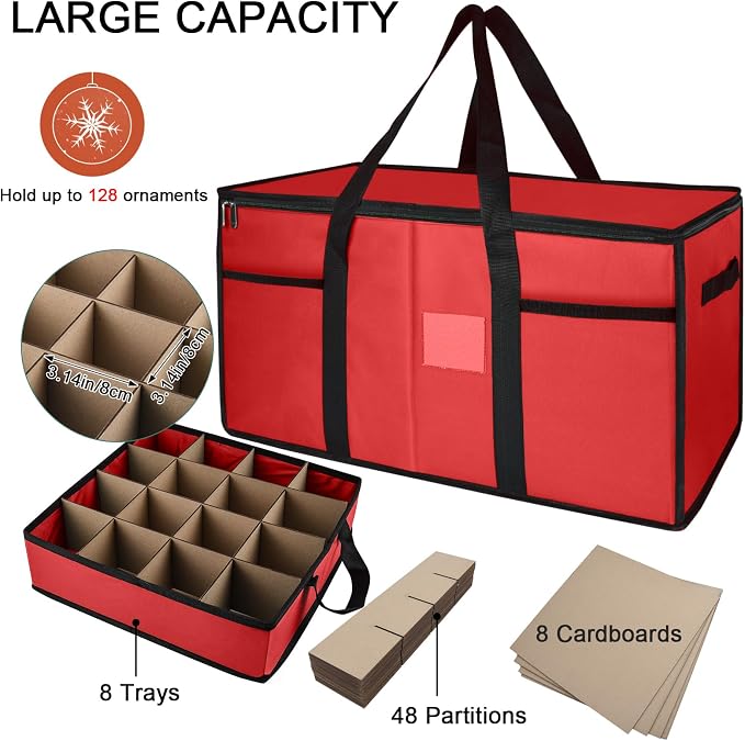 Christmas Ornament Storage Box with Dividers, Holds 128 Balls, Red | 600D Oxford Fabric, Adjustable Dividers, Removable Trays, Dual Zippers, Reinforced Handles