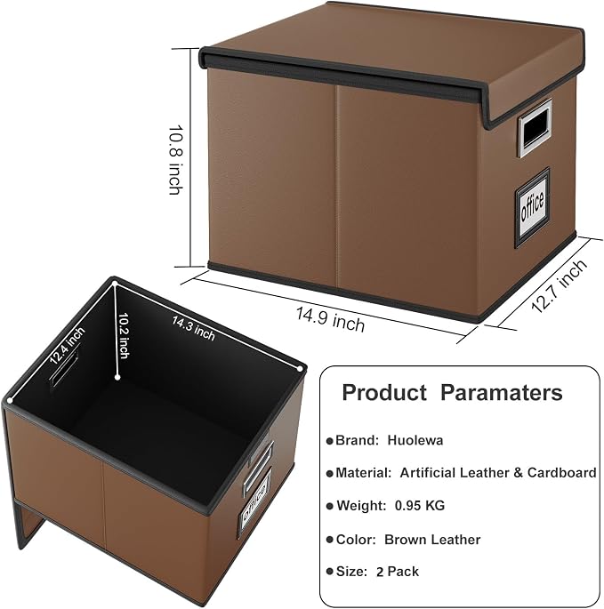 File Organizer Box with Lids, Collapsible File Folder Organizer | File Box with Plastic Slides for Document, Filing Bin for Letter Size Hanging File Folders (2 Pack, Brown, Leather)