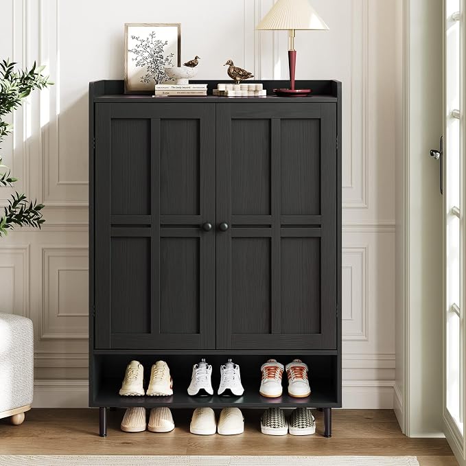 ComfyCorner Black 7+1 Tier Farmhouse Shoe Storage Cabinet - 45" Tall Entryway Organizer with Cross Molding Doors, 3 Adjustable Shelves & Metal Legs, Shoe Rack for Front Door Entrance
