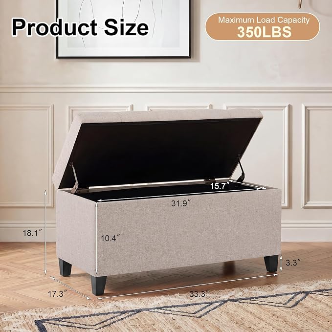 Storage Ottoman Bench, 33" Upholstered Tufted Linen Fabric Footrest Stool with Lift Top, Rectangular Storage Chest for End of Bed, Entryway, Living Room, Beige