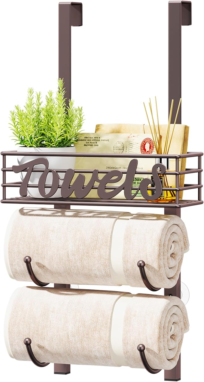 HapiRm Towel Racks for Bathroom Storage - 3 Tier Over The Door & Wall Mount Rolled Towel Storage Organizer Holder with Metal Shelf Basket for Small Bathroom, Camper, Rv - Bronze, Patented