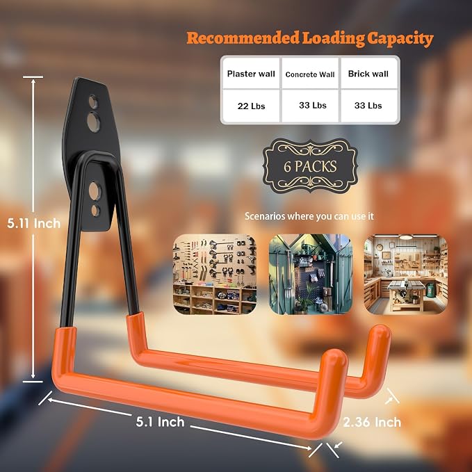 ENUODA Large Garage Hooks Heavy Duty - Ladder Hanger Garage Wall Storage Hooks for Hanging Garden Tools, Power Tools, Bike, Extension Cord, Hose, Chair, Bulk Items, 6 Pack (5.1 Inch)