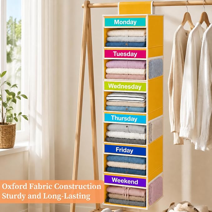 Weekly Clothes Organizer for Closet, 6-Shelf Hanging Closet Organizer with 6 Side Pockets(Yellow)