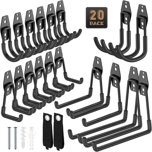 Heavy Duty Garage Hooks for Storage & Hanging Items, 20-Pack | for Hanging Bikes, Hoses, Ladders, Ropes, Garden Tools; for Garage, Warehouse, Yard, Shed