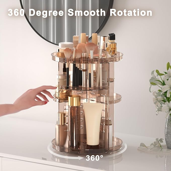 Rotating Makeup Organizer, DIY 8 Adjustable Layers Spinning Skincare Storage, Cosmetic Display Case with Brush Holder and Perfume Tray, Multi-Function Vanity Bathroom Countertop Organizer Clear Coffee