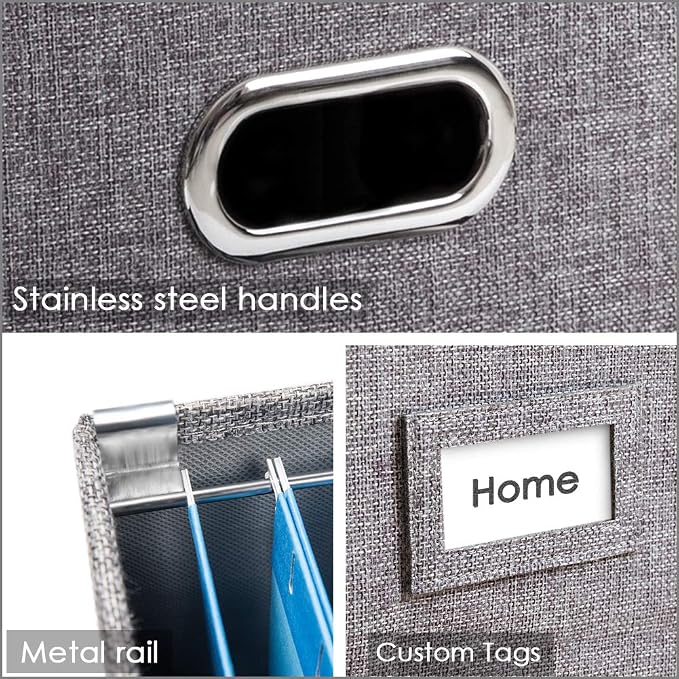 File Organizer Box - Set of 1 Collapsible Decorative Linen Filing Storage Hanging File Folders with Lids Office Cabinet Letter/Legal Size Grey (17x14x11.2 inch)